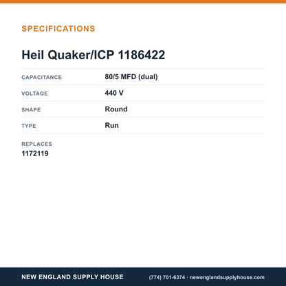 Heil Quaker/ICP 1186422 Capacitor specifications — New England Supply House [NESH-SPECTABLE-V1]
