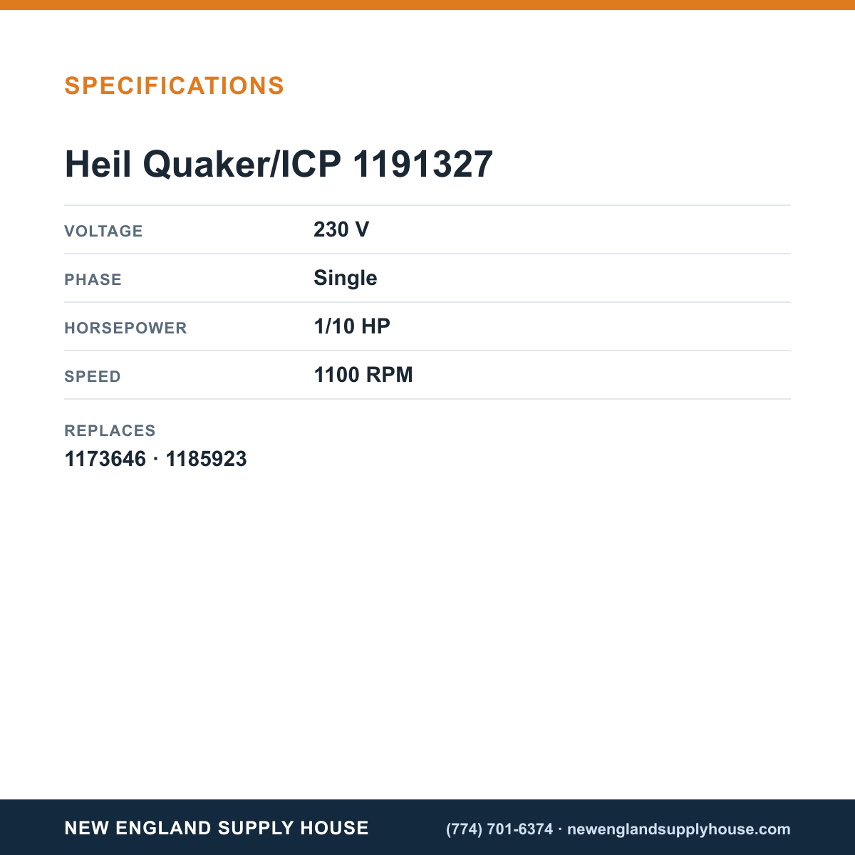 Heil Quaker/ICP 1191327 Condenser Motor specifications — New England Supply House [NESH-SPECTABLE-V1]