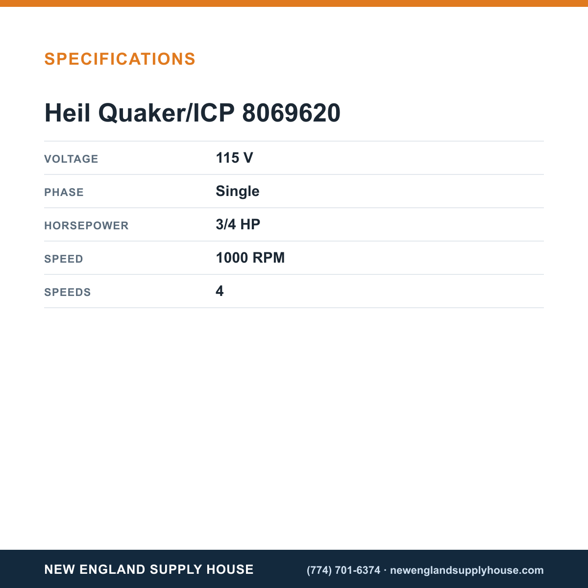 Heil Quaker/ICP 8069620 Blower Motor specifications — New England Supply House [NESH-SPECTABLE-V1]