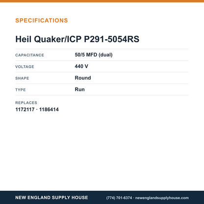 Heil Quaker/ICP P291-5054RS Run Capacitor specifications — New England Supply House [NESH-SPECTABLE-V1]
