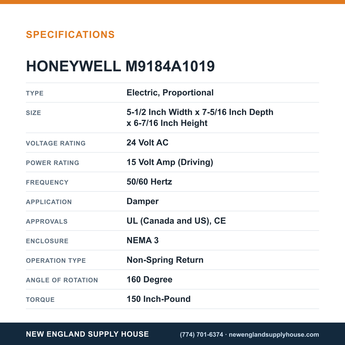 Honeywell Commercial M9184A1019 Actuator Motor specifications — New England Supply House [NESH-SPECTABLE-V1]