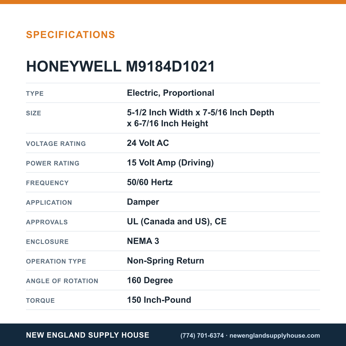 Honeywell Commercial M9184D1021 Actuator Motor specifications — New England Supply House [NESH-SPECTABLE-V1]