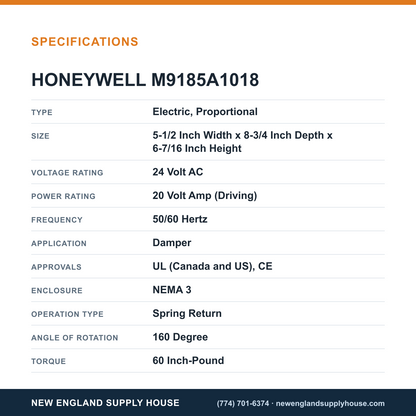 Honeywell Commercial M9185A1018 Actuator Motor specifications — New England Supply House [NESH-SPECTABLE-V1]