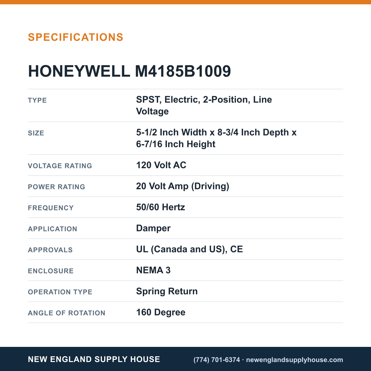 Honeywell Commercial M4185B1009 Actuator Motor specifications — New England Supply House [NESH-SPECTABLE-V1]