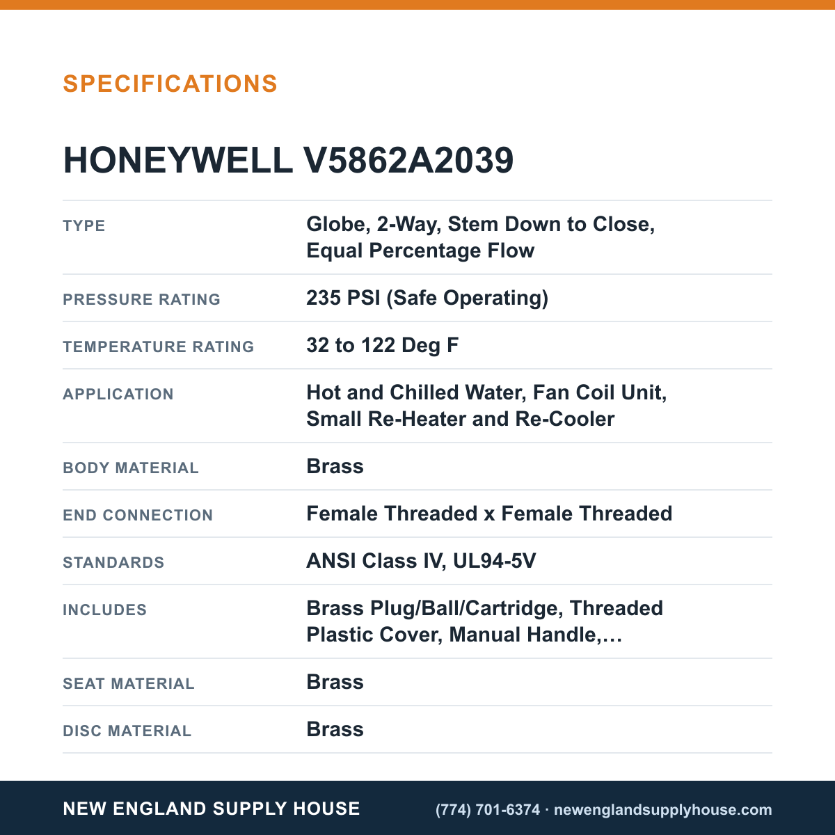 Honeywell Commercial V5862A2039 Cartridge Globe Valve specifications — New England Supply House [NESH-SPECTABLE-V1]