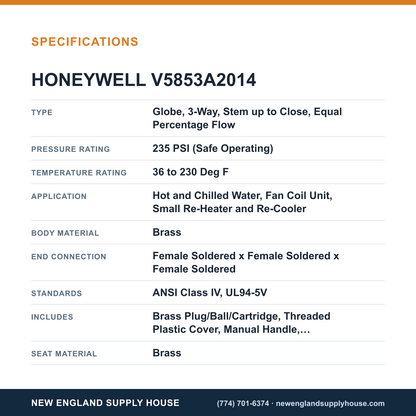 Honeywell Commercial V5853A2014 Cartridge Globe Valve specifications — New England Supply House [NESH-SPECTABLE-V1]