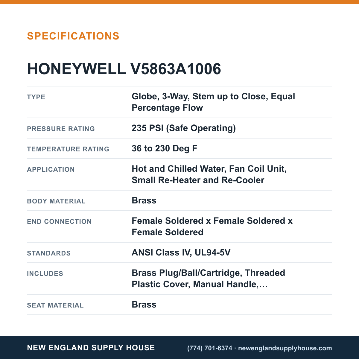 Honeywell Commercial V5863A1006 Cartridge Globe Valve specifications — New England Supply House [NESH-SPECTABLE-V1]