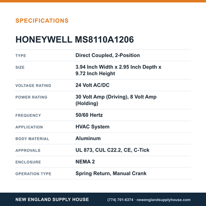 Honeywell Commercial MS8110A1206 Damper Actuator specifications — New England Supply House [NESH-SPECTABLE-V1]