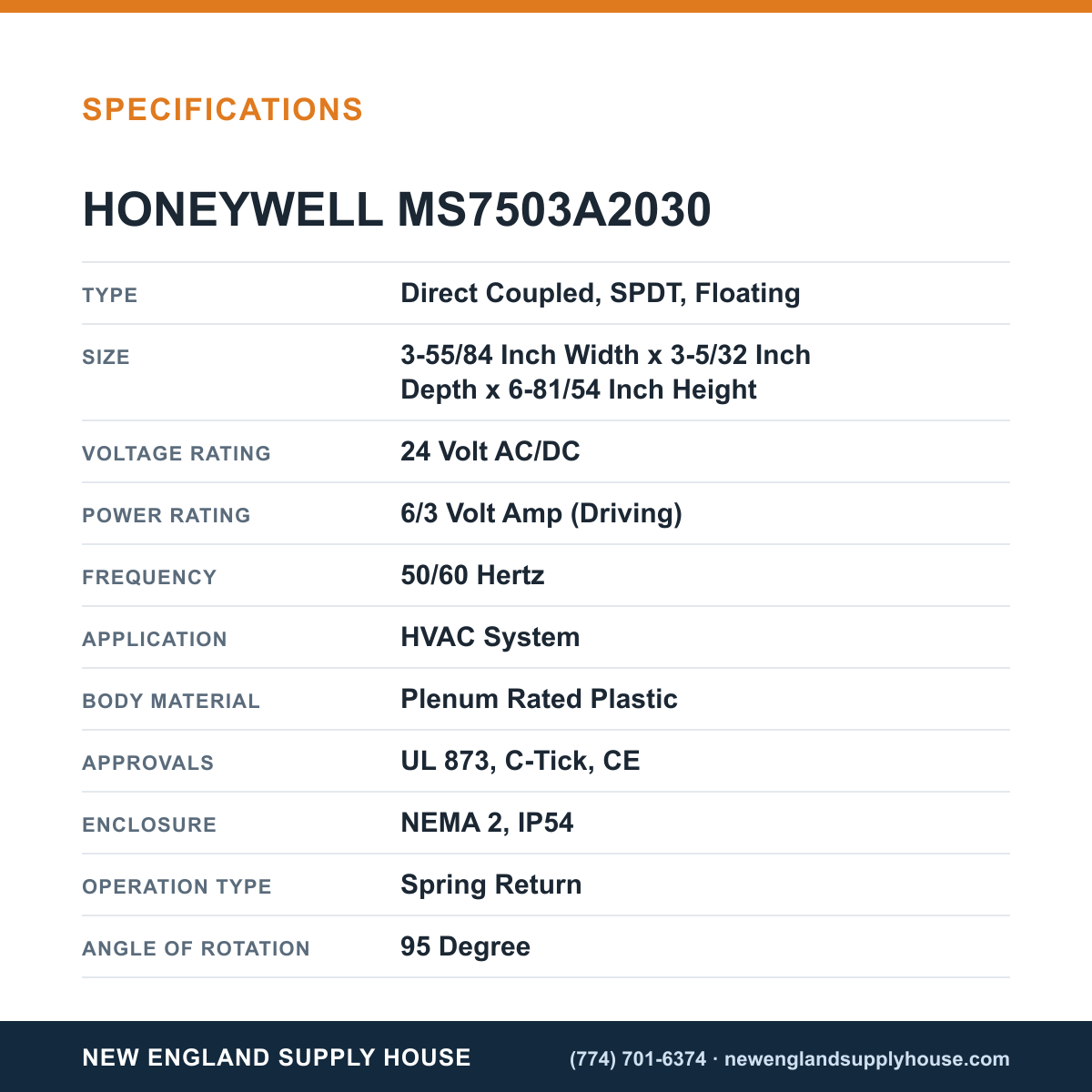 Honeywell Commercial MS7503A2030 Damper Actuator specifications — New England Supply House [NESH-SPECTABLE-V1]