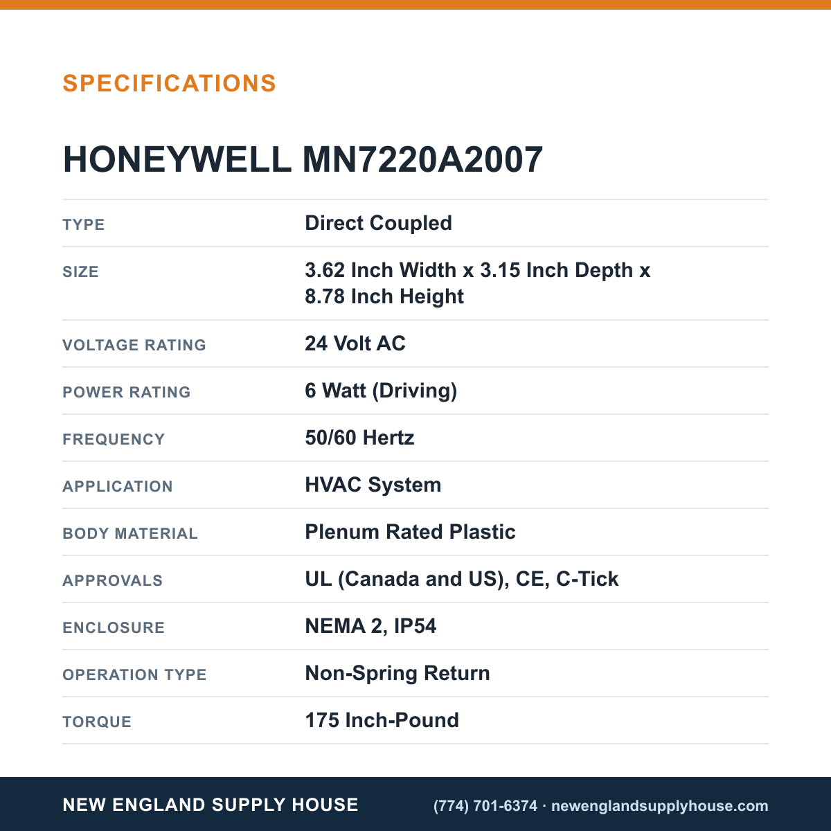 Honeywell Commercial MN7220A2007 Damper Actuator specifications — New England Supply House [NESH-SPECTABLE-V1]
