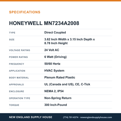 Honeywell Commercial MN7234A2008 Damper Actuator specifications — New England Supply House [NESH-SPECTABLE-V1]