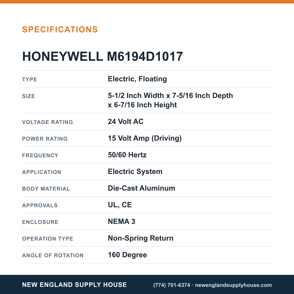 Honeywell Commercial M6194D1017 Damper Actuator specifications — New England Supply House [NESH-SPECTABLE-V1]