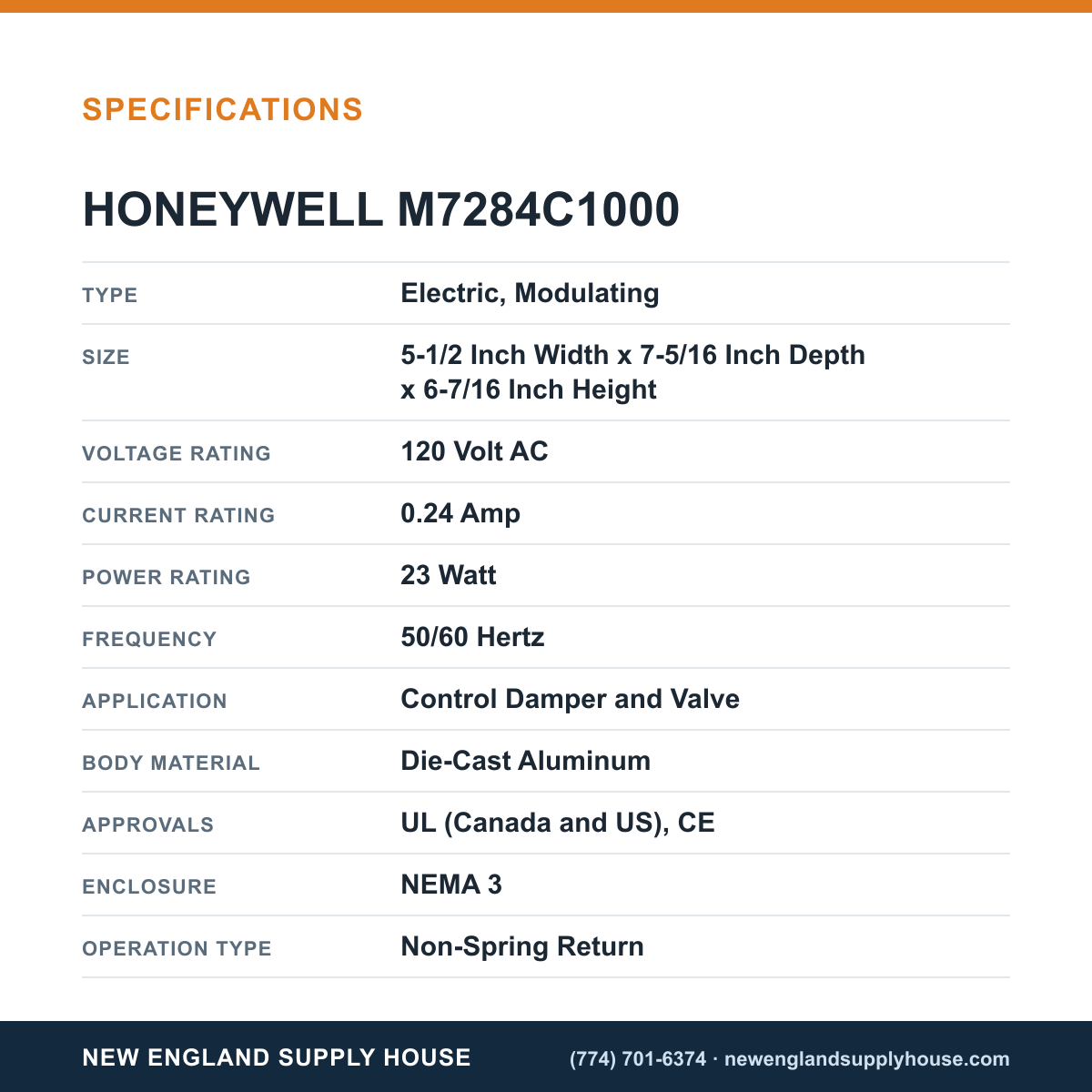 Honeywell Commercial M7284C1000 Damper Actuator specifications — New England Supply House [NESH-SPECTABLE-V1]