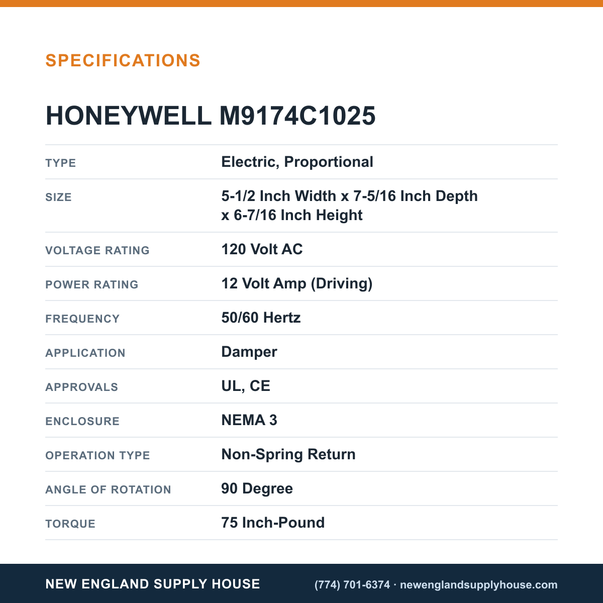 Honeywell Commercial M9174C1025 Damper Actuator specifications — New England Supply House [NESH-SPECTABLE-V1]