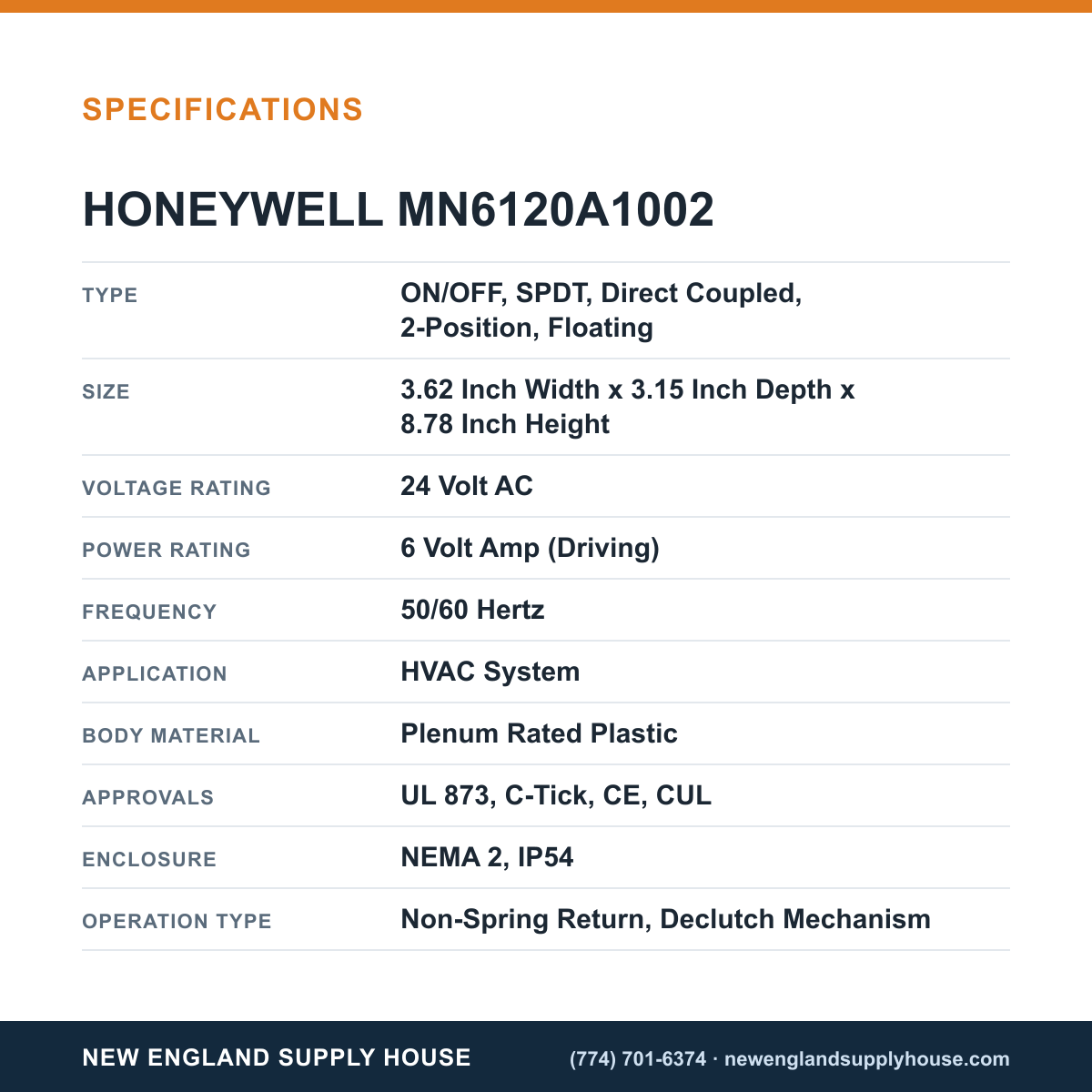 Honeywell Commercial MN6120A1002 Damper Actuator specifications — New England Supply House [NESH-SPECTABLE-V1]