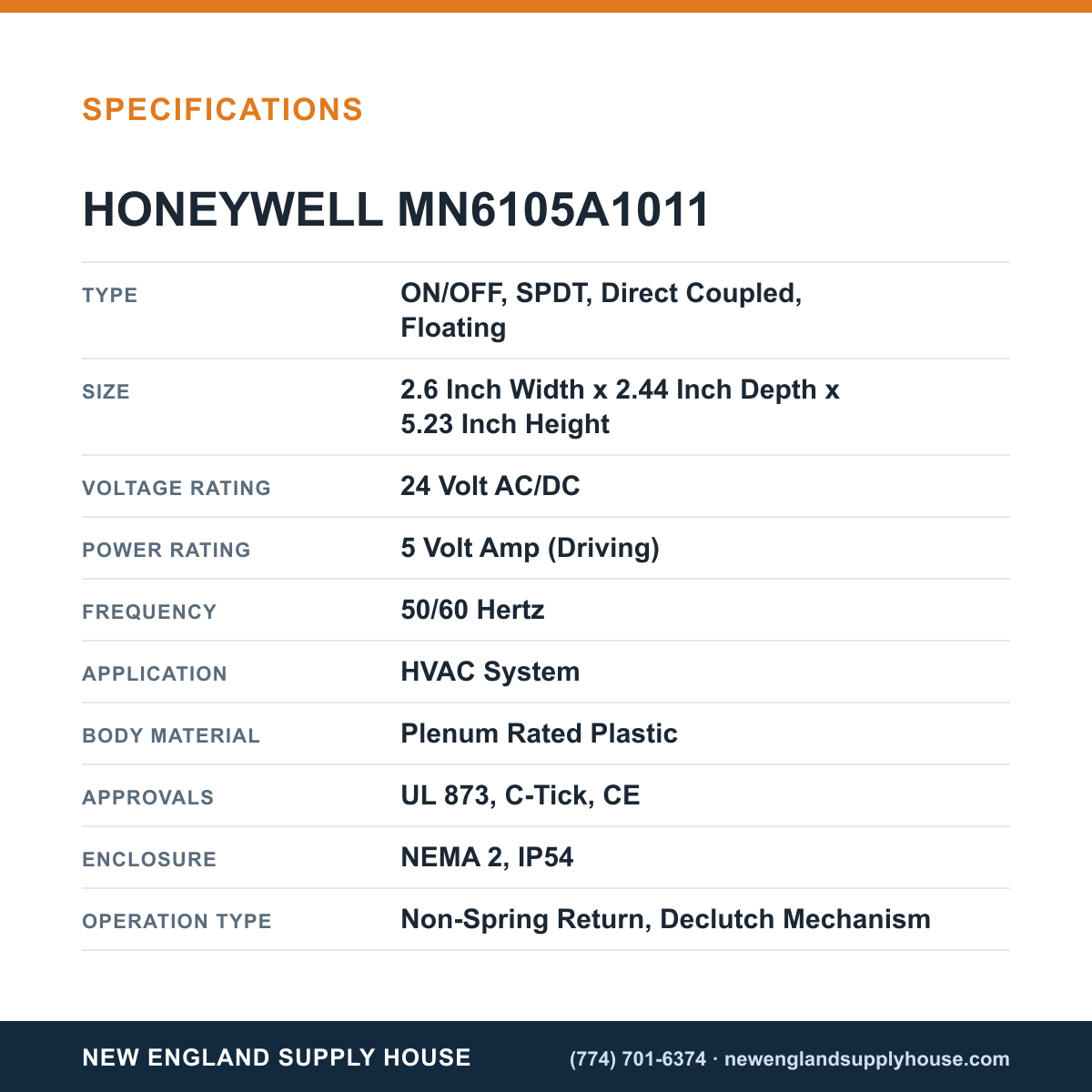 Honeywell Commercial MN6105A1011 Damper Actuator specifications — New England Supply House [NESH-SPECTABLE-V1]