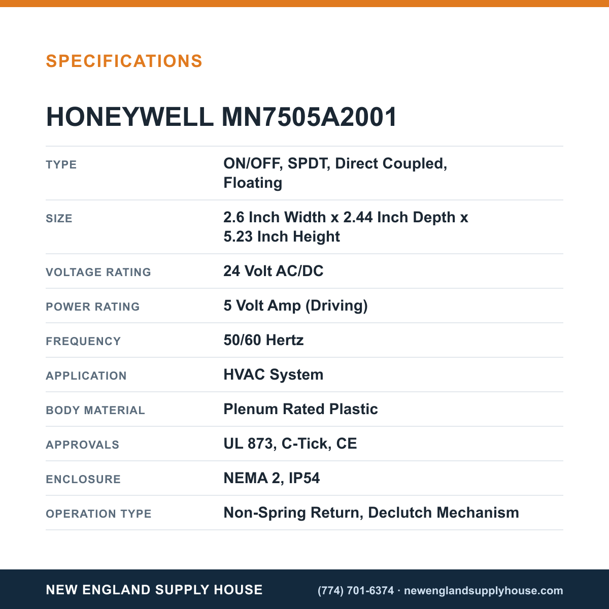 Honeywell Commercial MN7505A2001 Damper Actuator specifications — New England Supply House [NESH-SPECTABLE-V1]