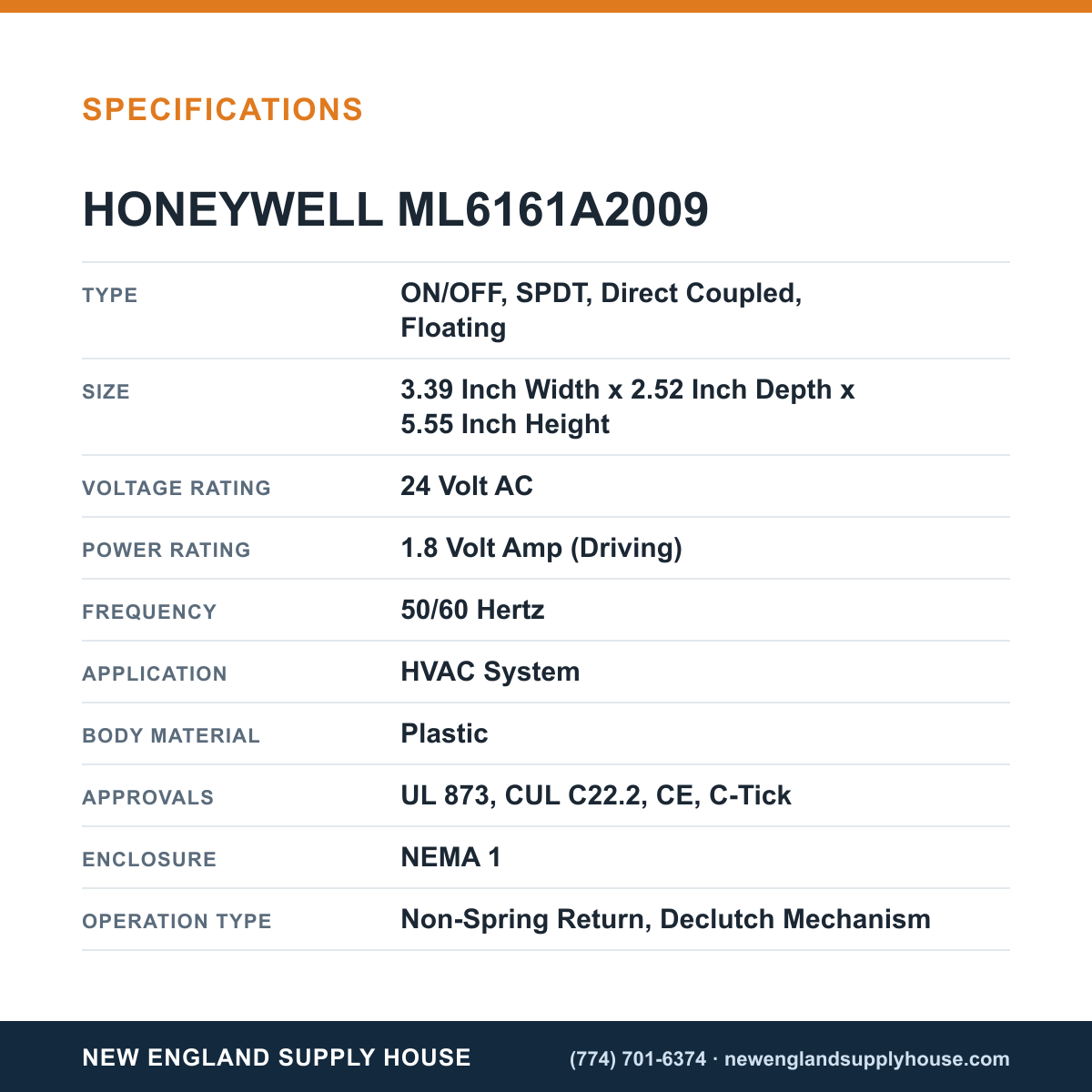 Honeywell Commercial ML6161A2009 Damper Actuator specifications — New England Supply House [NESH-SPECTABLE-V1]