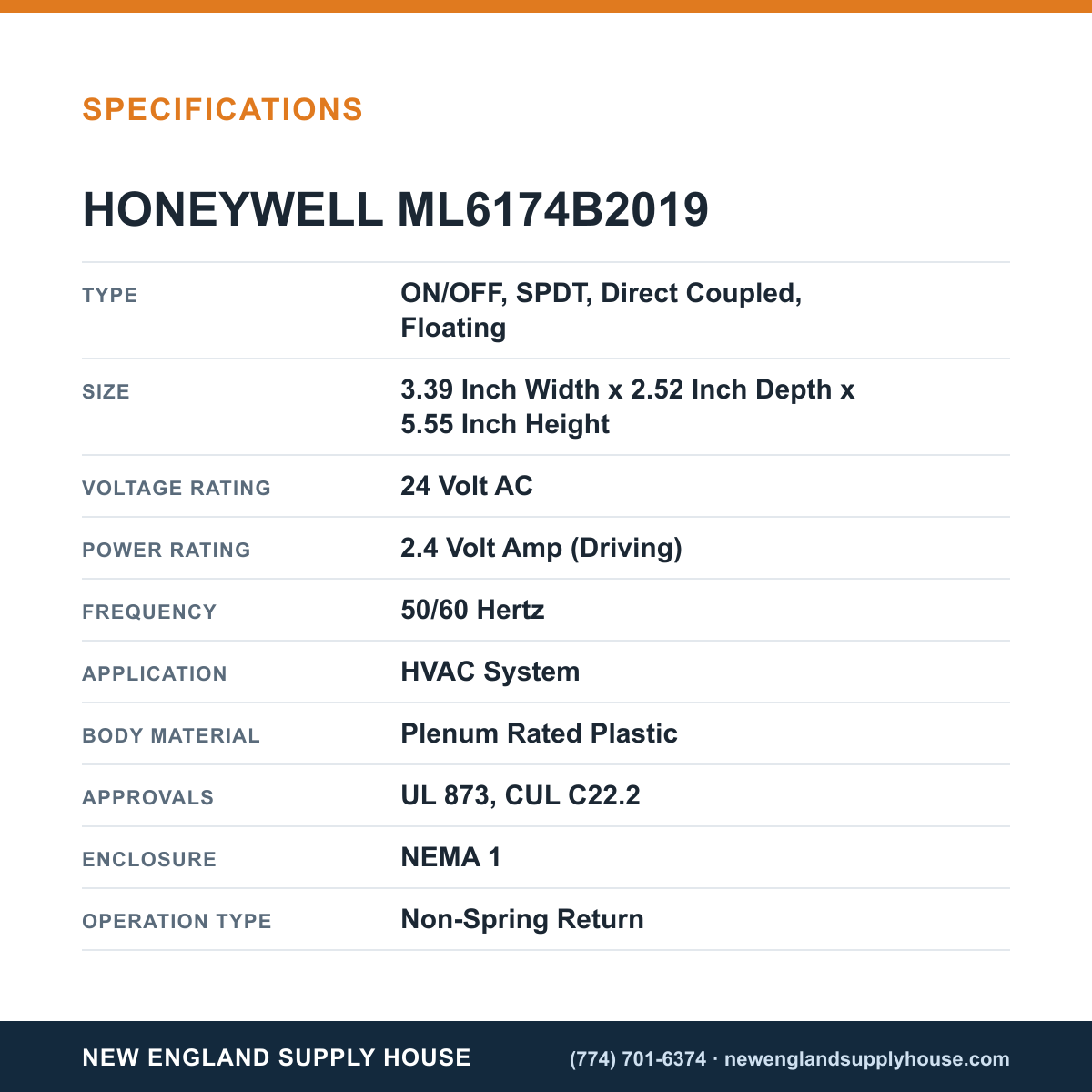 Honeywell Commercial ML6174B2019 Damper Actuator specifications — New England Supply House [NESH-SPECTABLE-V1]