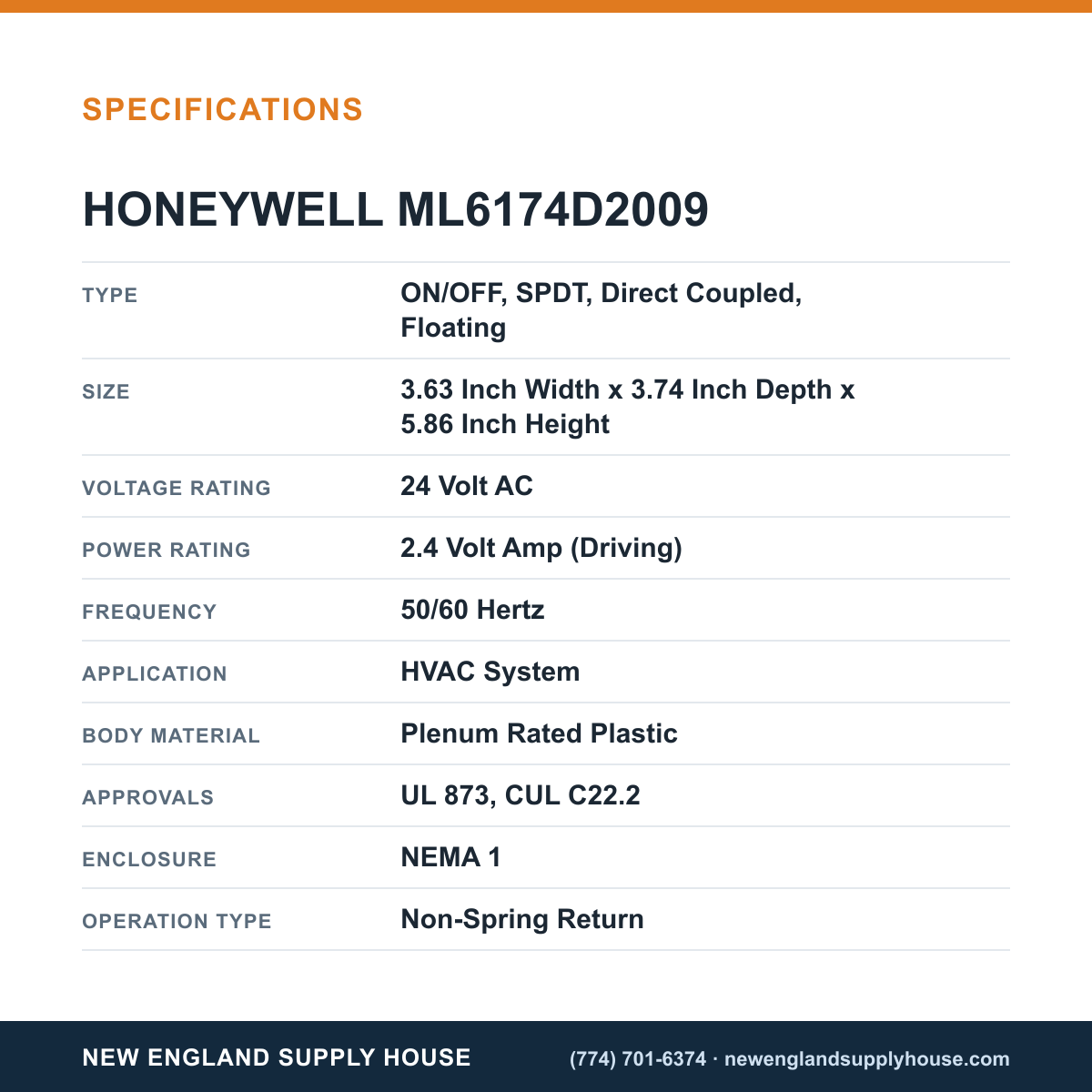 Honeywell Commercial ML6174D2009 Damper Actuator specifications — New England Supply House [NESH-SPECTABLE-V1]
