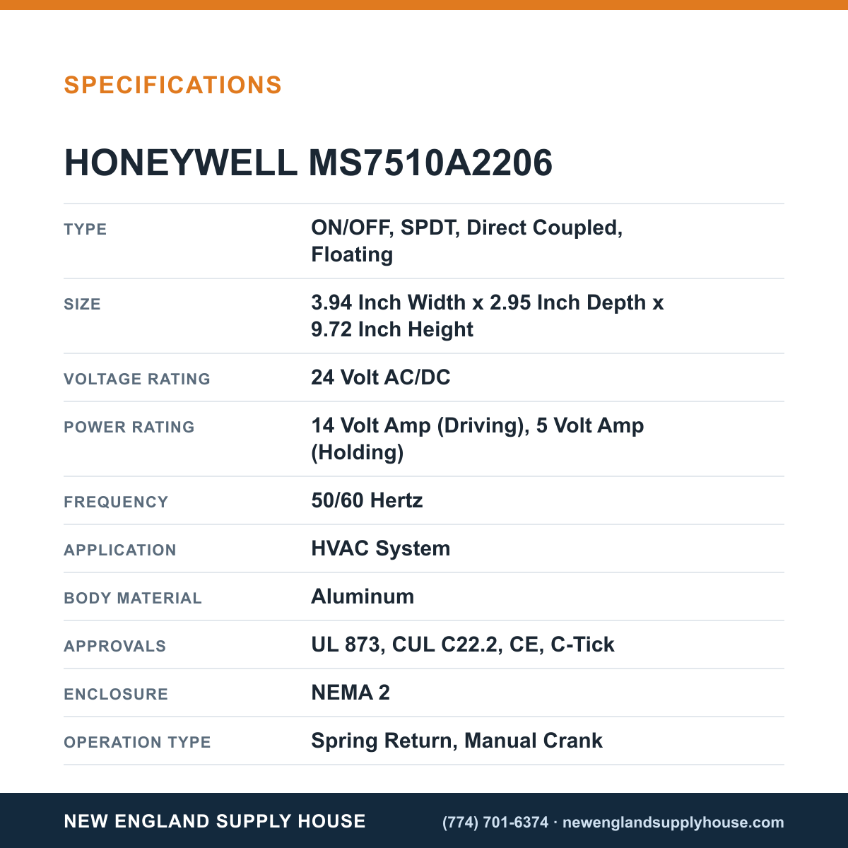 Honeywell Commercial MS7510A2206 Damper Actuator specifications — New England Supply House [NESH-SPECTABLE-V1]