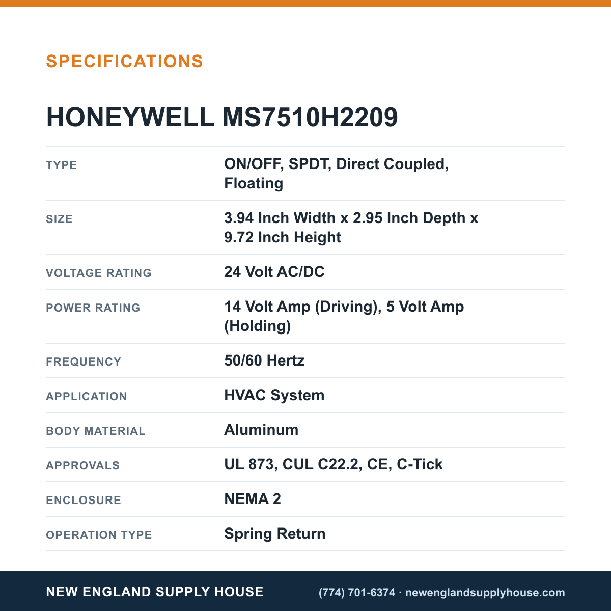 Honeywell Commercial MS7510H2209 Damper Actuator specifications — New England Supply House [NESH-SPECTABLE-V1]