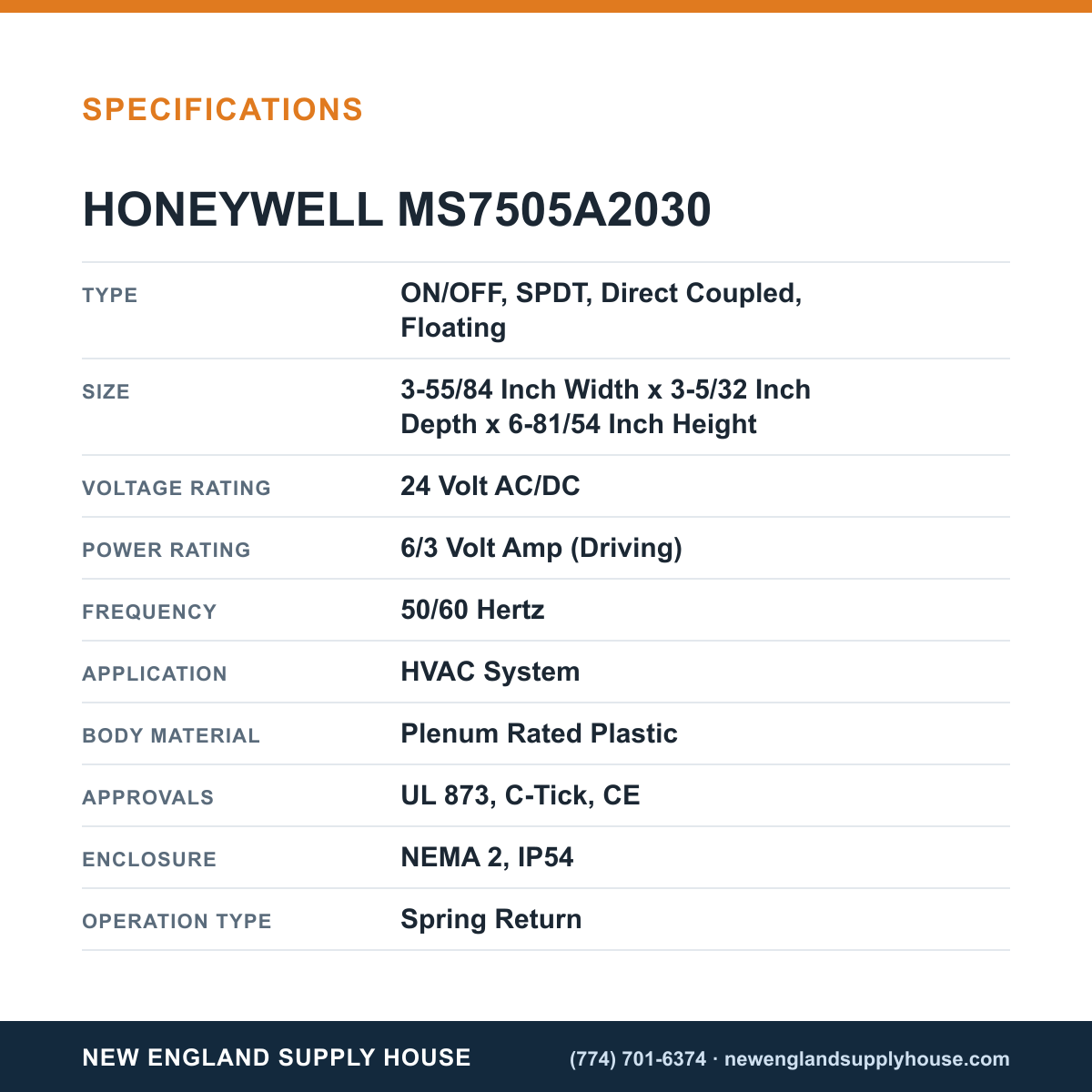 Honeywell Commercial MS7505A2030 Damper Actuator specifications — New England Supply House [NESH-SPECTABLE-V1]