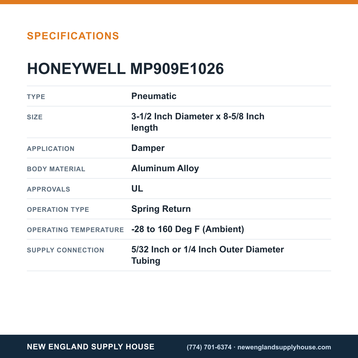 Honeywell Commercial MP909E1026 Damper Actuator specifications — New England Supply House [NESH-SPECTABLE-V1]