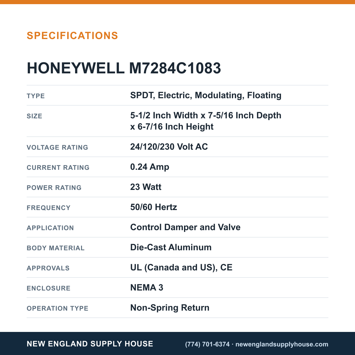 Honeywell Commercial M7284C1083 Damper Actuator specifications — New England Supply House [NESH-SPECTABLE-V1]