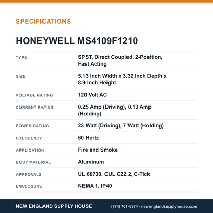 Honeywell Commercial MS4109F1210 Damper Actuator specifications — New England Supply House [NESH-SPECTABLE-V1]