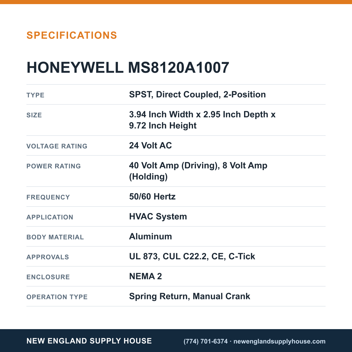 Honeywell Commercial MS8120A1007 Damper Actuator specifications — New England Supply House [NESH-SPECTABLE-V1]