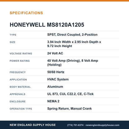Honeywell Commercial MS8120A1205 Damper Actuator specifications — New England Supply House [NESH-SPECTABLE-V1]