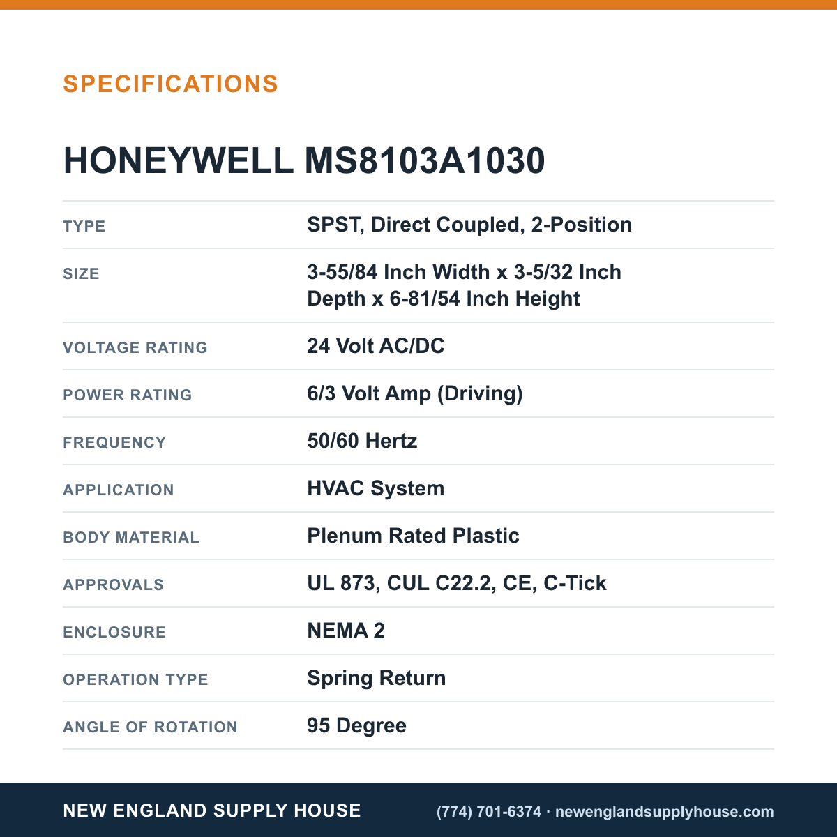 Honeywell Commercial MS8103A1030 Damper Actuator specifications — New England Supply House [NESH-SPECTABLE-V1]