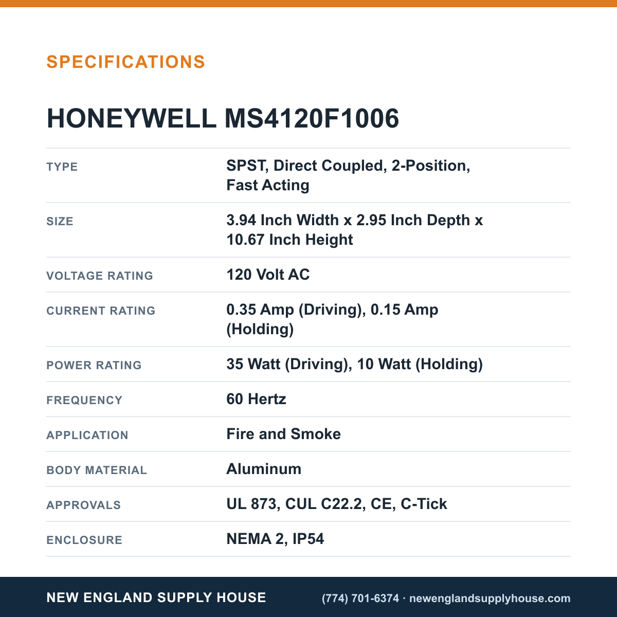 Honeywell Commercial MS4120F1006 Direct Coupled Actuator specifications — New England Supply House [NESH-SPECTABLE-V1]