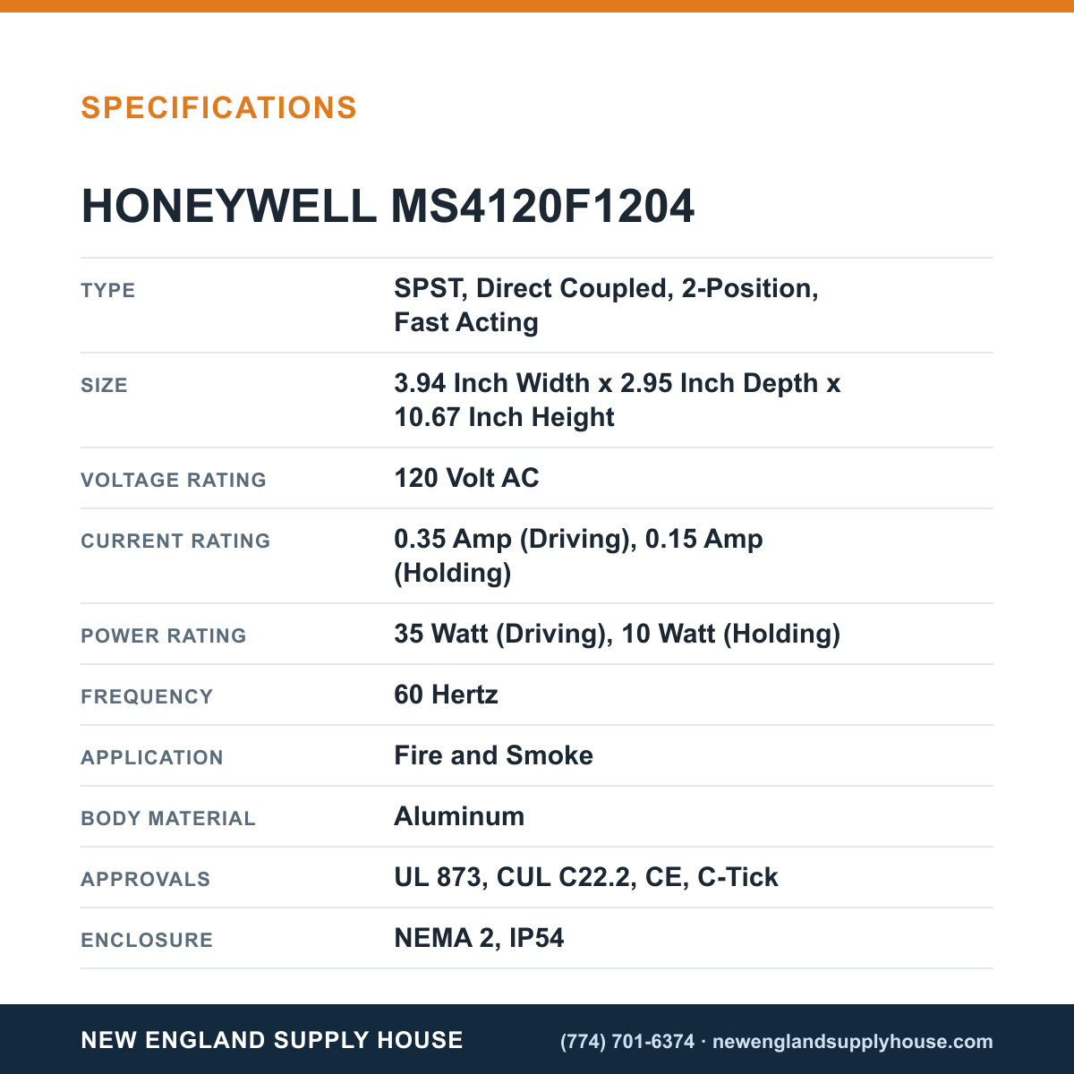 Honeywell Commercial MS4120F1204 Direct Coupled Actuator specifications — New England Supply House [NESH-SPECTABLE-V1]