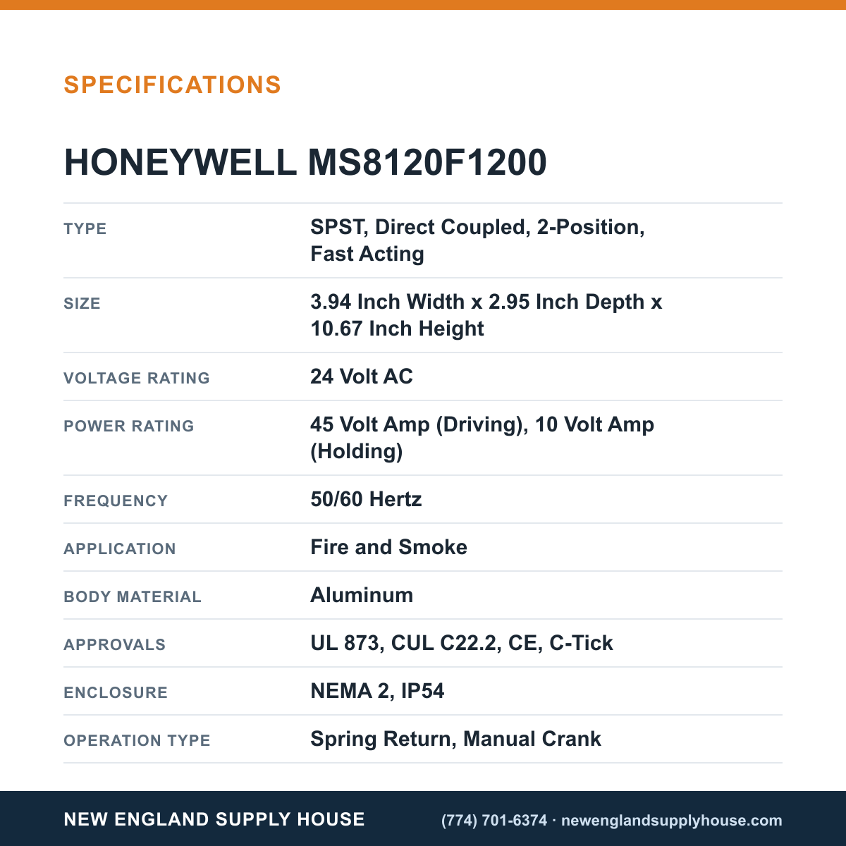 Honeywell Commercial MS8120F1200 Direct Coupled Actuator specifications — New England Supply House [NESH-SPECTABLE-V1]