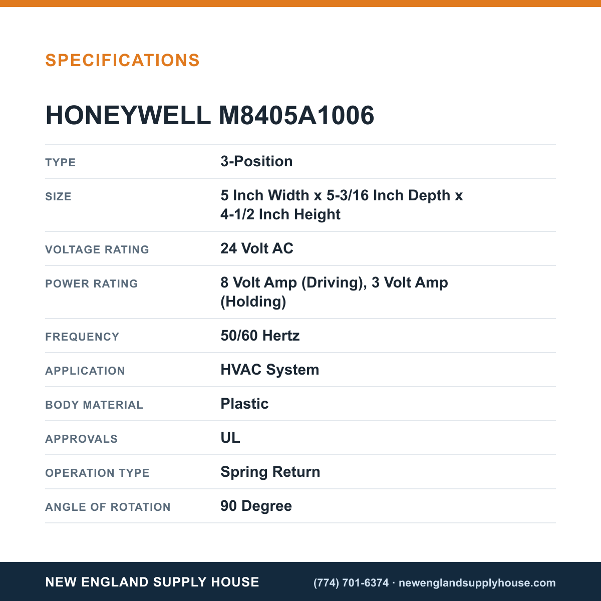 Honeywell Commercial M8405A1006 Economizer Damper Actuator specifications — New England Supply House [NESH-SPECTABLE-V1]