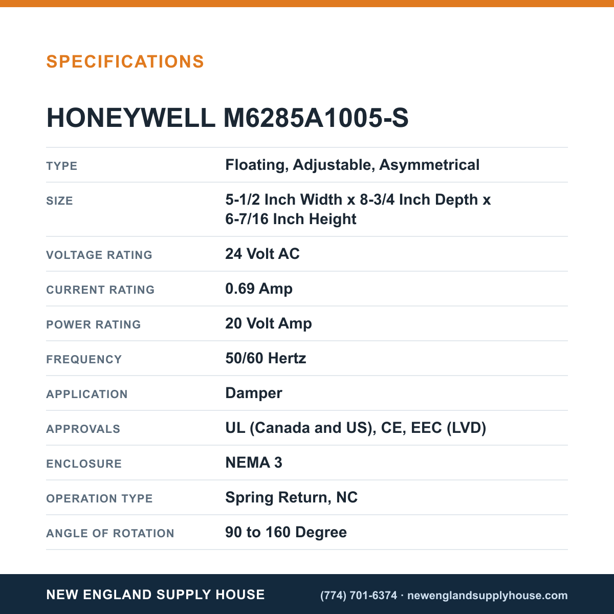 Honeywell Commercial M6285A1005-S Electric Damper Actuator specifications — New England Supply House [NESH-SPECTABLE-V1]