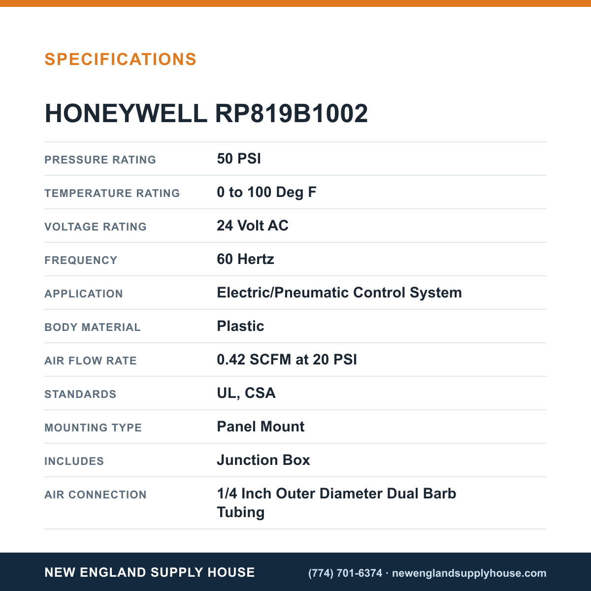 Honeywell Commercial RP819B1002 Electric/Pneumatic Relay specifications — New England Supply House [NESH-SPECTABLE-V1]