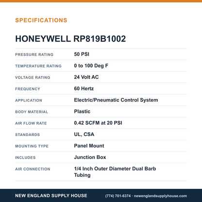 Honeywell Commercial RP819B1002 Electric/Pneumatic Relay specifications — New England Supply House [NESH-SPECTABLE-V1]