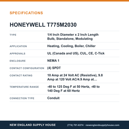 Honeywell Commercial T775M2030 Electronic Remote Temperature Controller specifications — New England Supply House [NESH-SPECTABLE-V1]