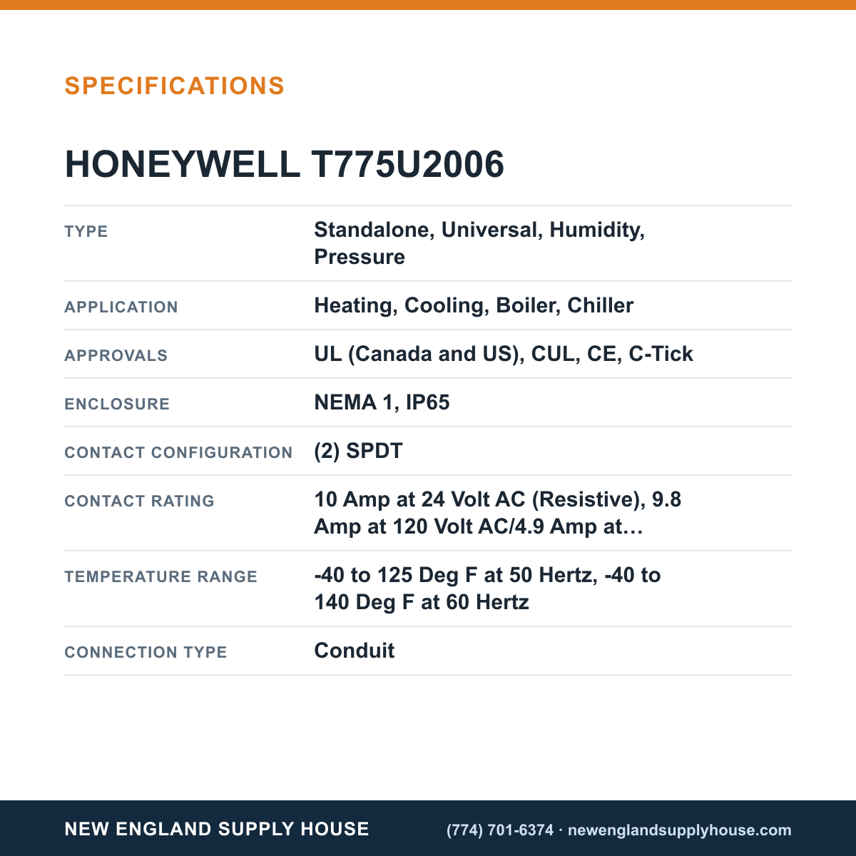 Honeywell Commercial T775U2006 Electronic Remote Temperature Controller specifications — New England Supply House [NESH-SPECTABLE-V1]