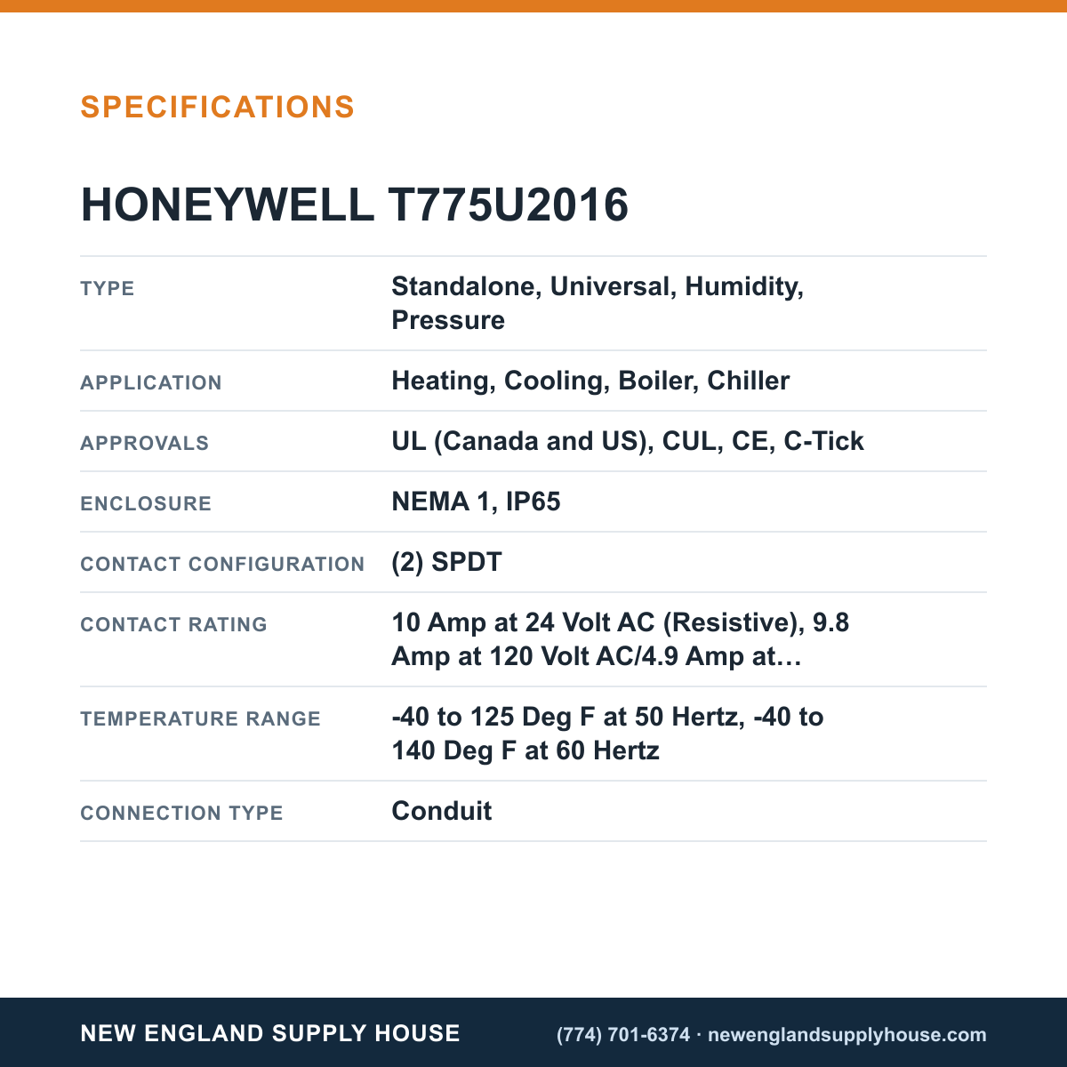 Honeywell Commercial T775U2016 Electronic Remote Temperature Controller specifications — New England Supply House [NESH-SPECTABLE-V1]