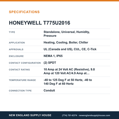 Honeywell Commercial T775U2016 Electronic Remote Temperature Controller specifications — New England Supply House [NESH-SPECTABLE-V1]