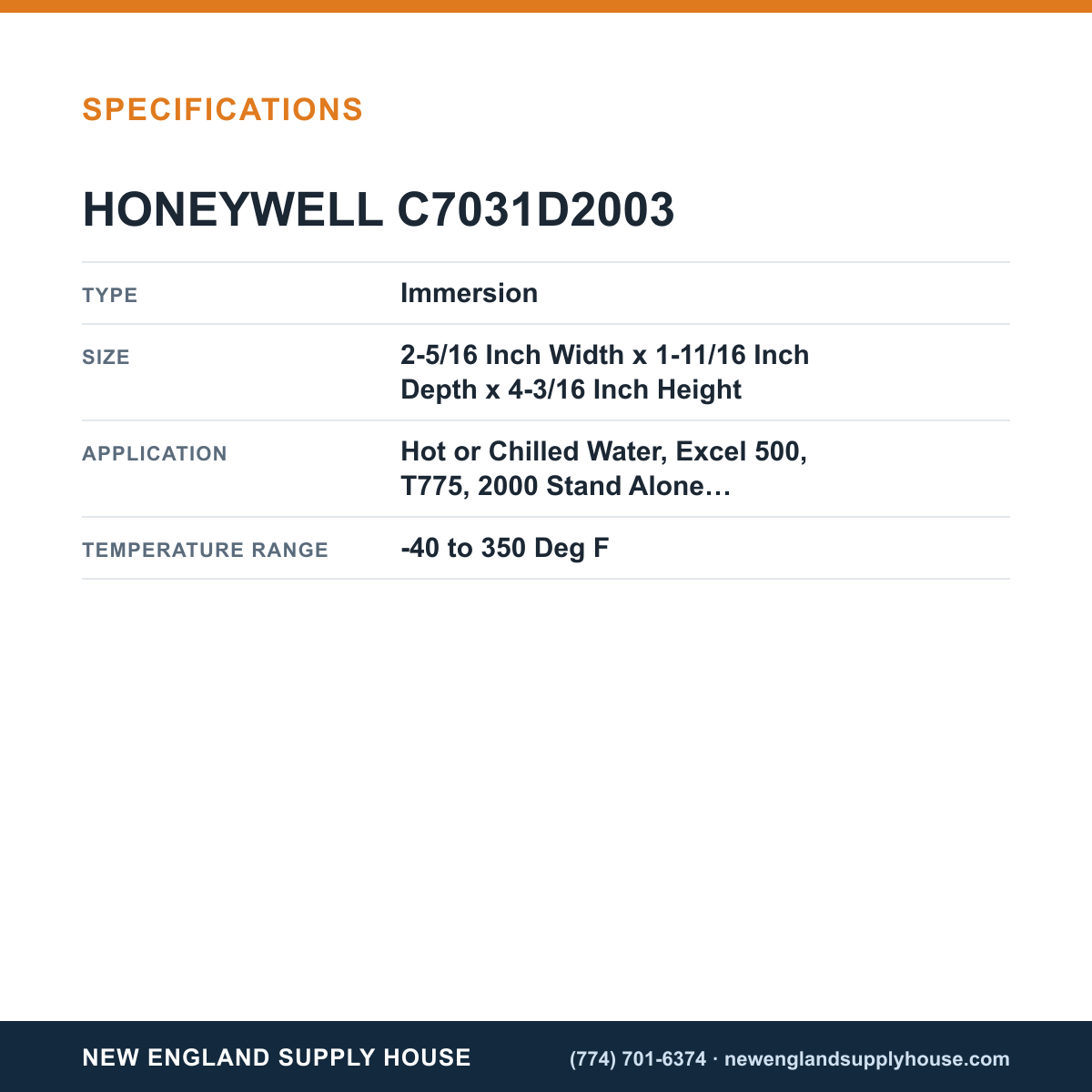 Honeywell Commercial C7031D2003 Electronic Temperature Sensor specifications — New England Supply House [NESH-SPECTABLE-V1]