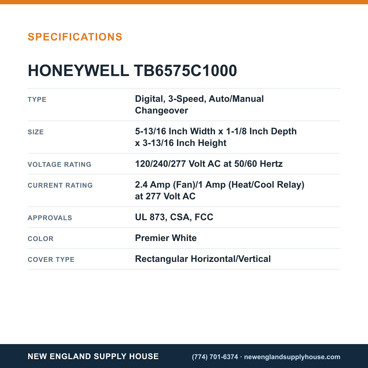 Honeywell Commercial TB6575C1000 Fan Coil Thermostat specifications — New England Supply House [NESH-SPECTABLE-V1]