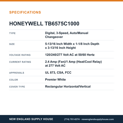Honeywell Commercial TB6575C1000 Fan Coil Thermostat specifications — New England Supply House [NESH-SPECTABLE-V1]