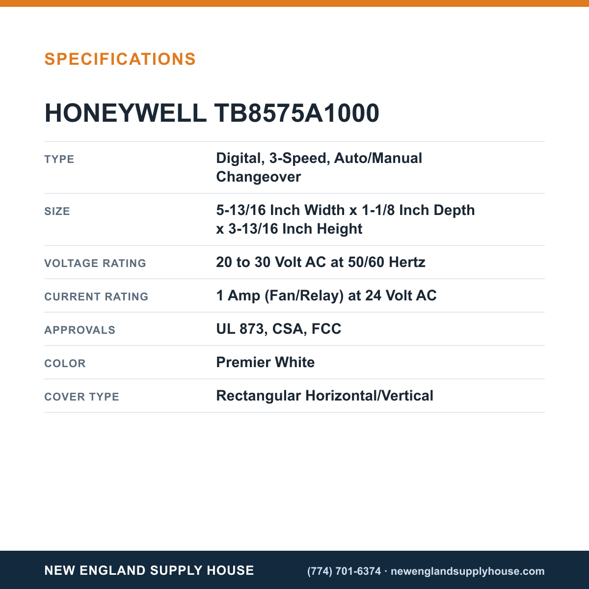 Honeywell Commercial TB8575A1000 Fan Coil Thermostat specifications — New England Supply House [NESH-SPECTABLE-V1]