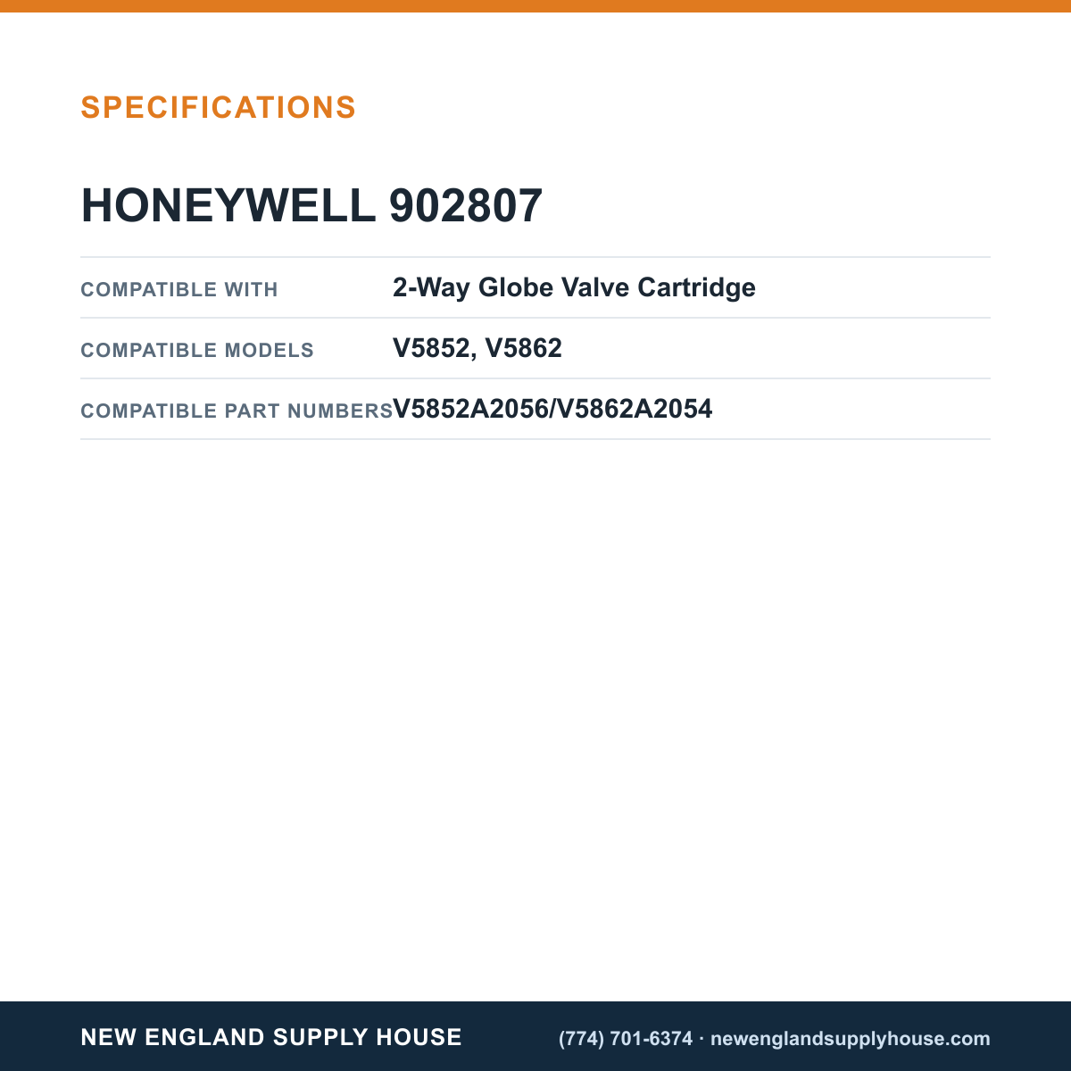 Honeywell Commercial 902807 Globe Valve Cartridge Insert specifications — New England Supply House [NESH-SPECTABLE-V1]