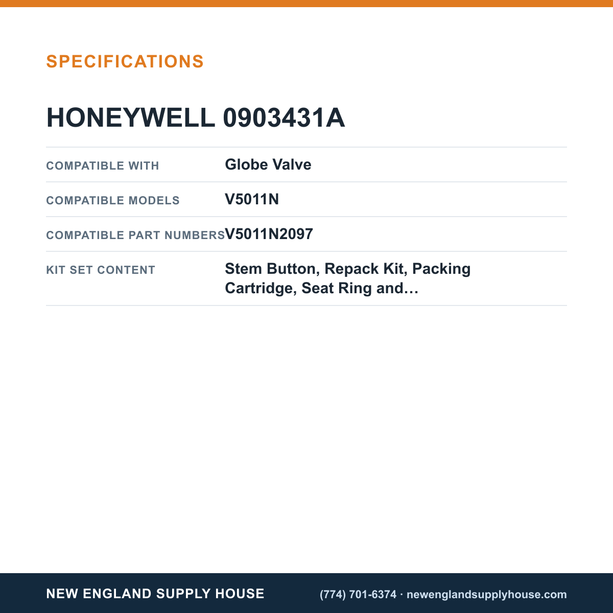 Honeywell Commercial 0903431A Globe Valve Rebuild Kit specifications — New England Supply House [NESH-SPECTABLE-V1]